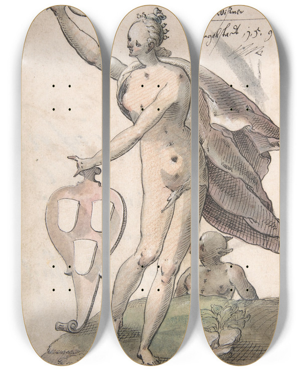 Triptych art skateboard deck of Joachim Lchteke Allegory Of Art by Joachim Luchteke (1595)