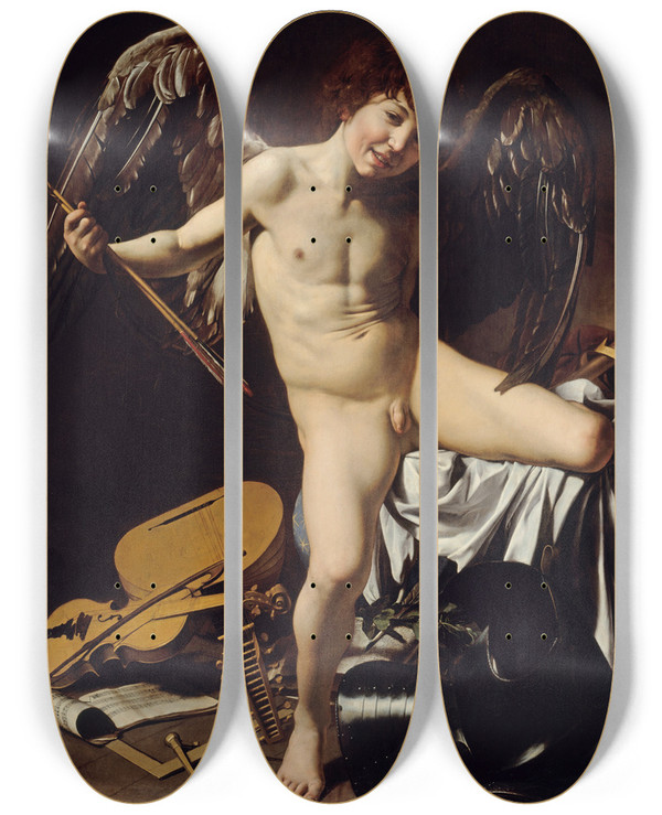 Triptych art skateboard deck of Caravaggio Amor Vincit Omnia by Caravaggio (1571-1610)