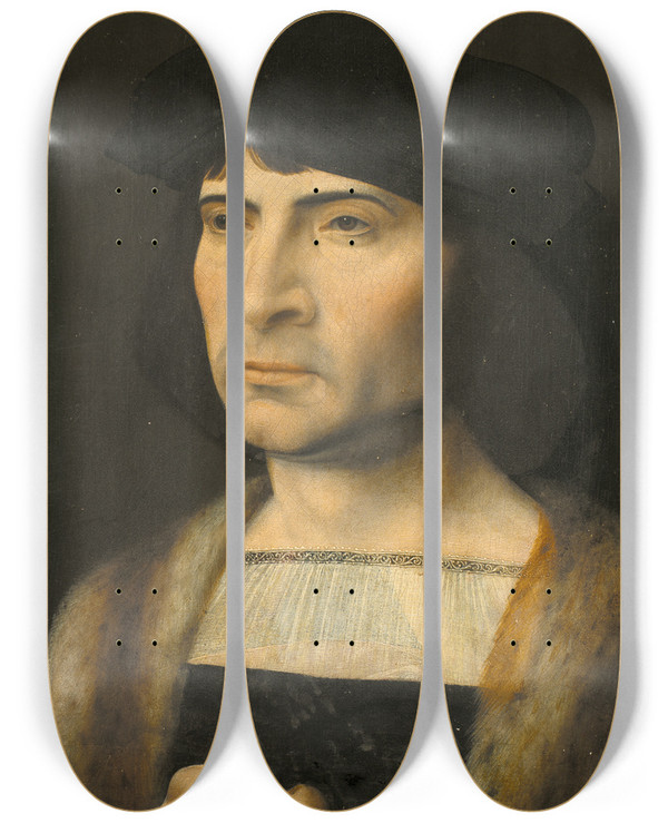 Triptych art skateboard deck of Jan Gossaert Portrait Of A Man_4 by Jan Gossaert (1478-1532)