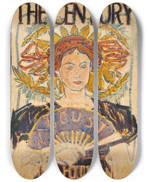 Triptych art skateboard deck of Louis Rhead The Century August by Louis Rhead (1857-1926)
