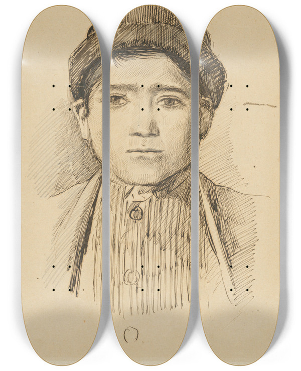 Triptych art skateboard deck of Ladislav Mednynszky Portrait Study Of A Boy In A Hat by Ladislav Mednyanszky (1852-1919)