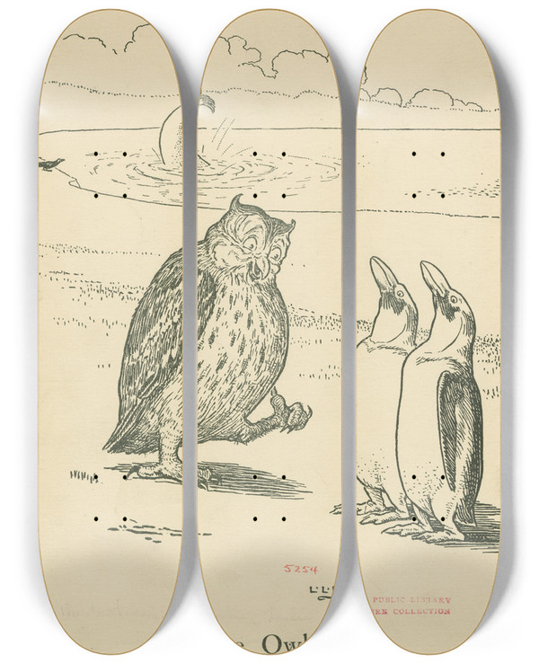 Triptych art skateboard deck of Leonard Leslie Brooke And The Owl Was A Funny Old Fowl by Leonard Leslie Brooke (1862-1940)