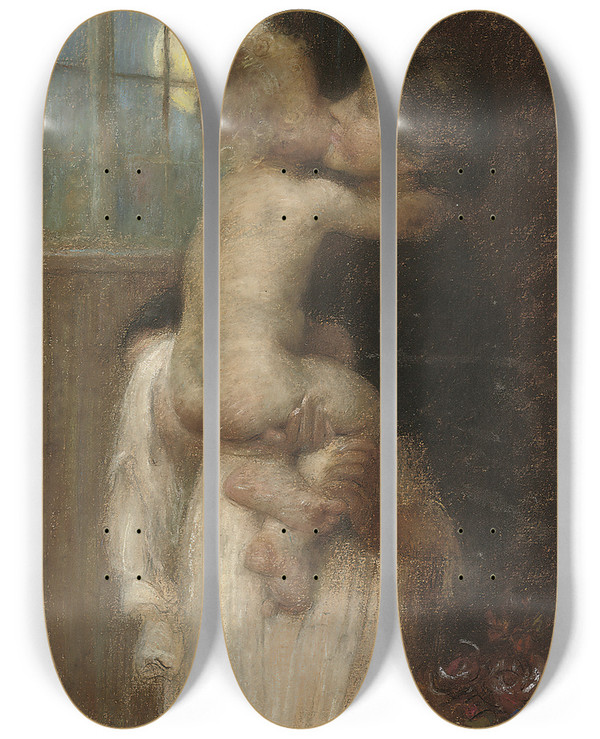 Triptych art skateboard deck of Edward Stott The Kiss by Edward Stott (1855-1918)