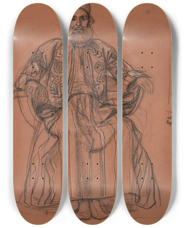 Triptych art skateboard deck of Edward John Poynter Study For King Solomon by Edward John Poynter (1836-1919)