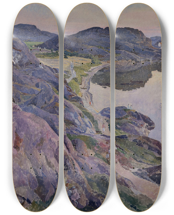 Triptych art skateboard deck of Carl Wilhelmson The Bgevik Road by Carl Wilhelmson (1866-1928)