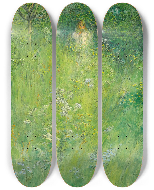 Triptych art skateboard deck of Carl Larsson A Fairy Kersti In The Meadow by Carl Larsson (1853-1919)