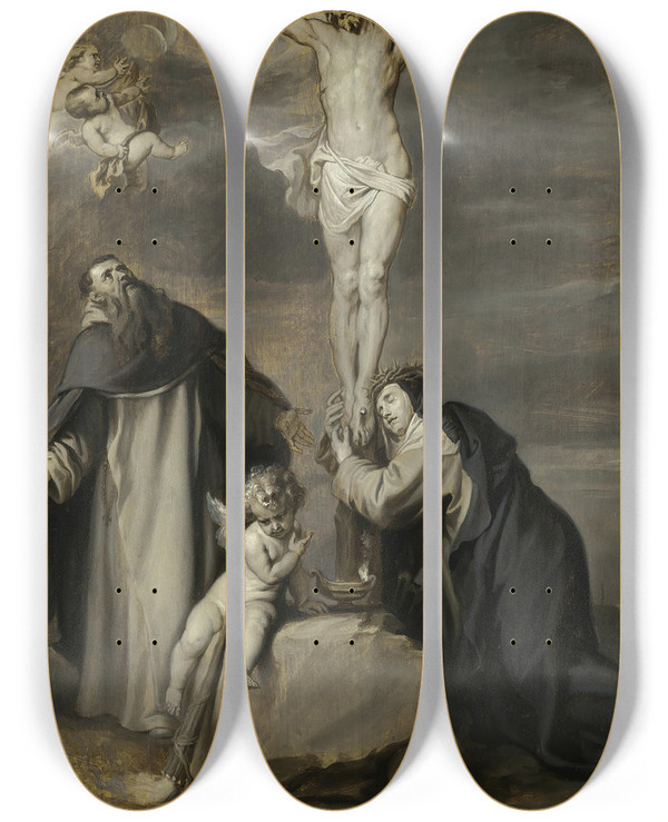 Triptych art skateboard deck of Anthony Van Dyck The Crucified Christ Adored By Saints Dominic And Catherine Of Siena by Anthony Van Dyck (1599-1641)