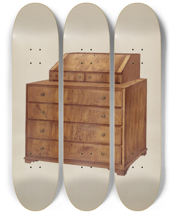 Triptych art skateboard deck of Fred Weiss Scrutoir Or Butlers Desk_2 by Fred Weiss