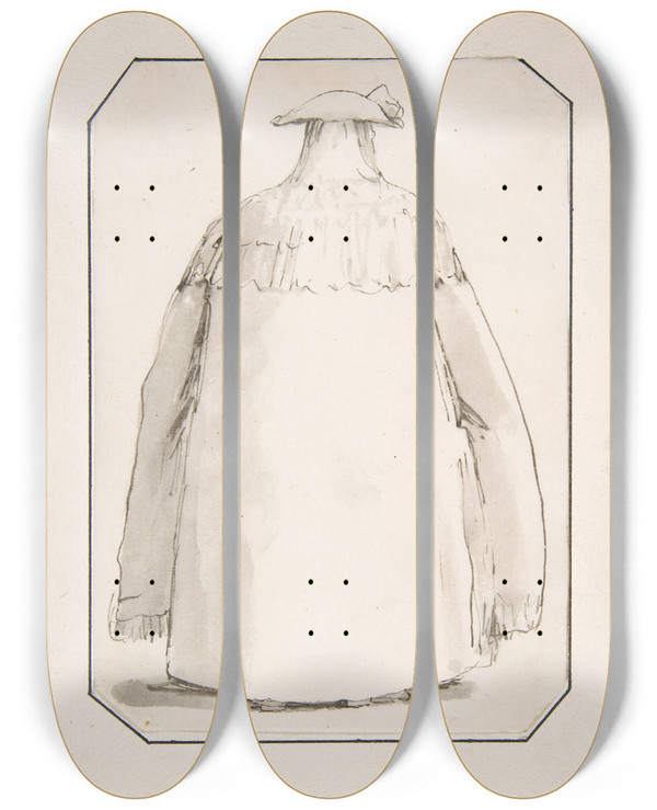 Triptych art skateboard deck of Giovanni Battista Tiepolo Caricature Of A Fat Person Wearing A Long Cloak And A Tricorne Seen From Behind by Giovanni Battista Tiepolo (1696-1770)