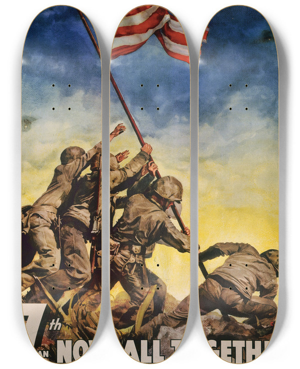 Triptych art skateboard deck of Cecil Beall 7Th War Loan Nowall Together by Cecil Beall (1892-1970)
