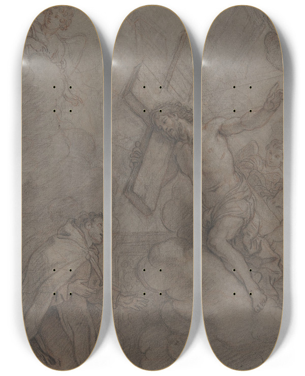 Triptych art skateboard deck of Charles De La Fosse The Vision Of St John Of The Cross by Charles De La Fosse (1636-1716)