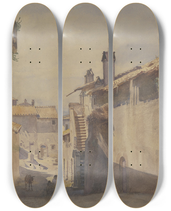 Triptych art skateboard deck of Johann Heinrich Hasselhorst View From Ariccia by Johann Heinrich Hasselhorst (1825-1904)