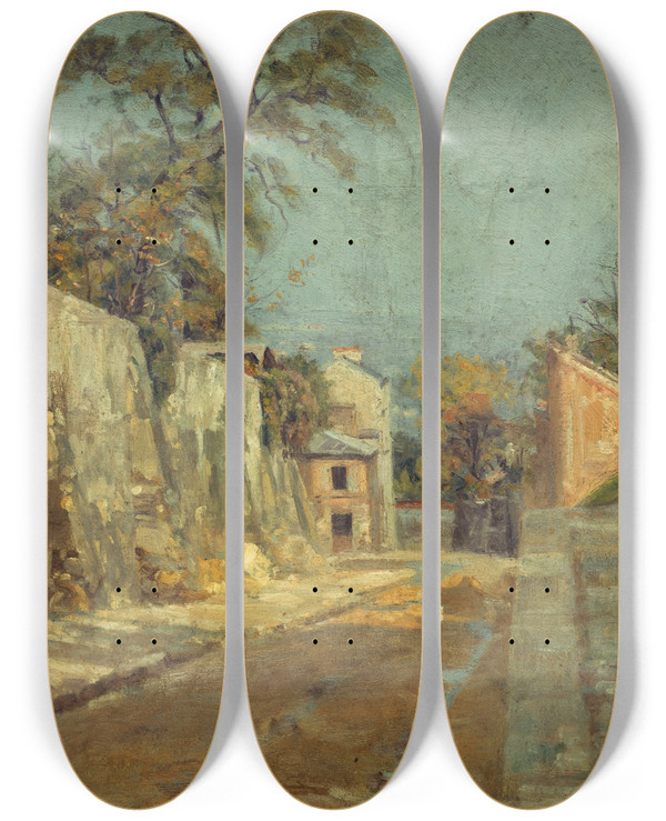 Triptych art skateboard deck of Charles Jean Coussedire La Rue Des Saules Montmartre by Charles Jean Coussediere (1934)