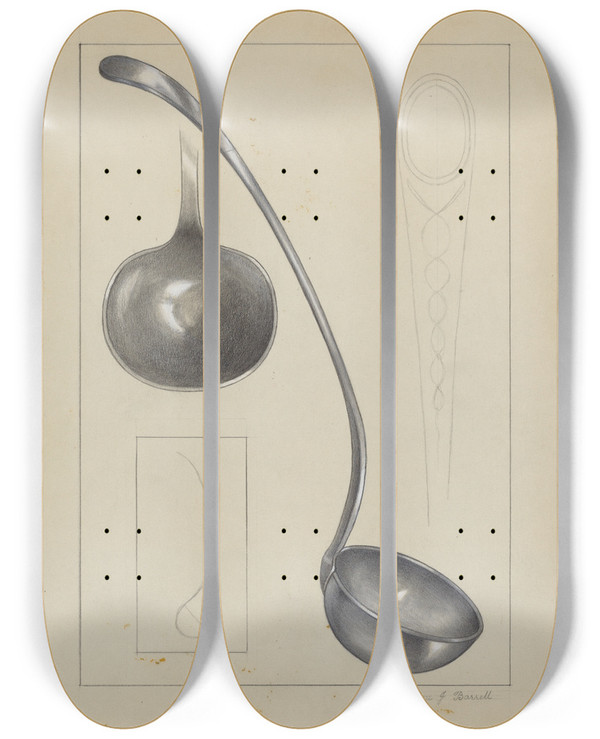 Triptych art skateboard deck of Eugene Barrell Silver Gravy Ladle by Eugene Barrell
