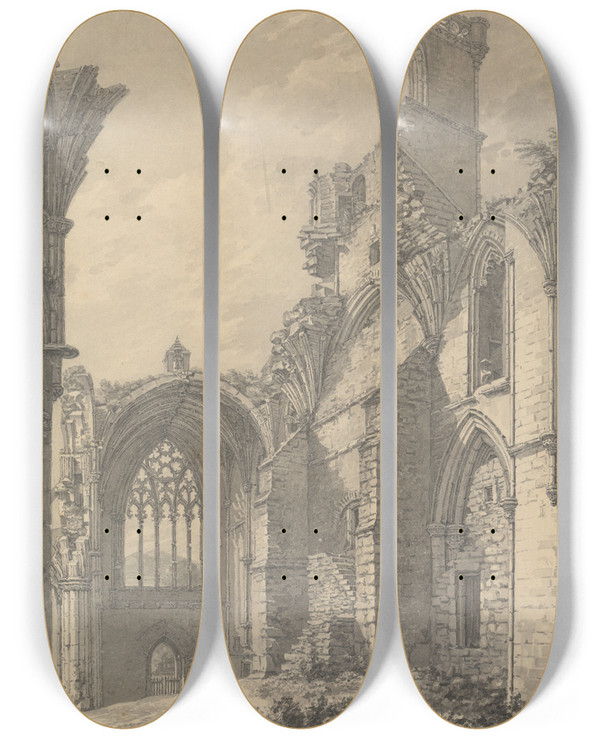 Triptych art skateboard deck of Thomas Hearne Transept Of Melrose Abbey 1778 Near Old Melrose On The River Tweed Roxburgh by Thomas Hearne (1744-1817)