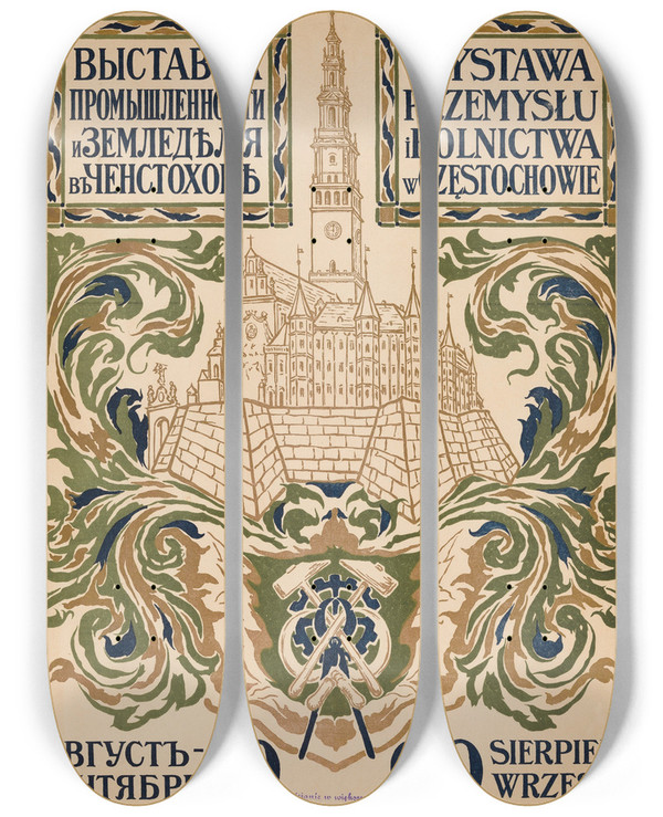 Triptych art skateboard deck of Jan Bukowski Wystawa Przemysu I Rolnictwa W Czstochowie by Jan Bukowski (1873-1943)
