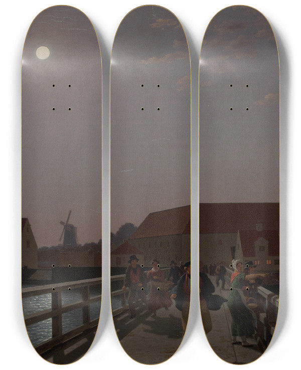 Triptych art skateboard deck of Christoffer Wilhelm Eckersberg Langebro Copenhagen In The Moonlight With Running Figures by Christoffer Wilhelm Eckersberg (1783-1853)