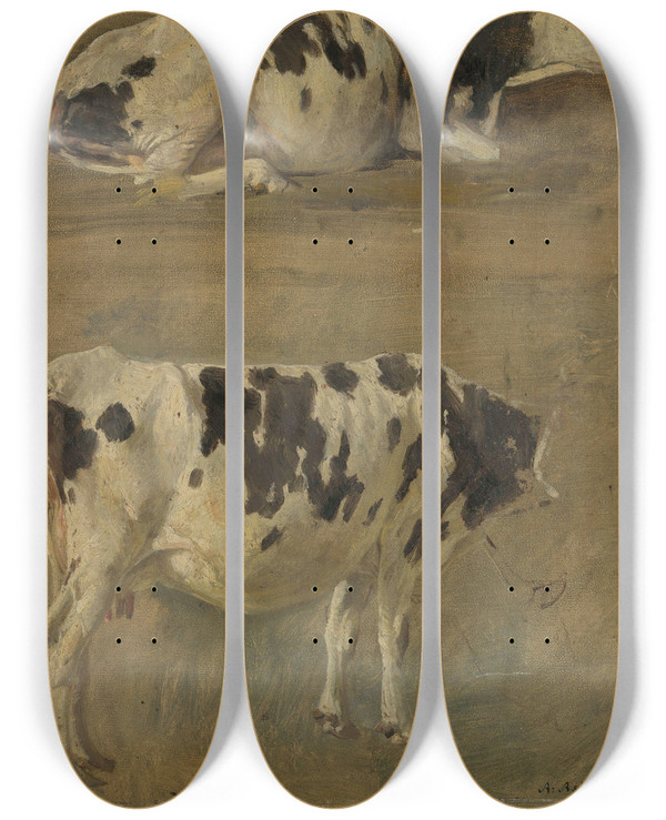 Triptych art skateboard deck of Anders Askevold Study Of Two Cows by Anders Askevold (1834-1900)