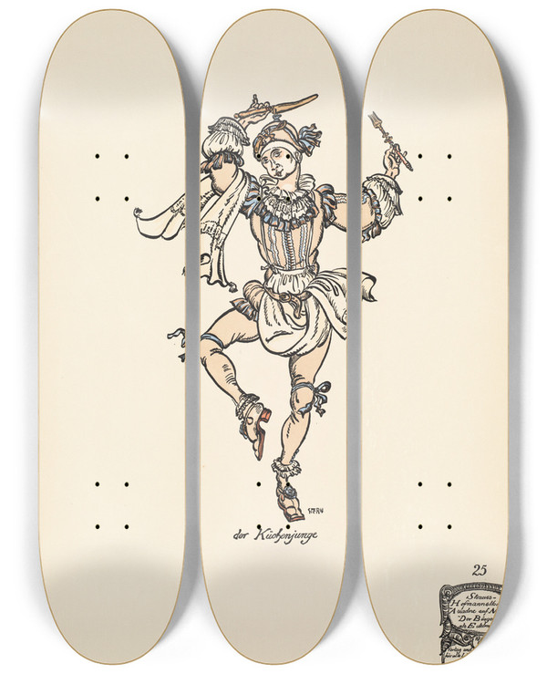 Triptych art skateboard deck of Ernst Stern Der Kchenjunge by Ernst Stern (1876-1954)