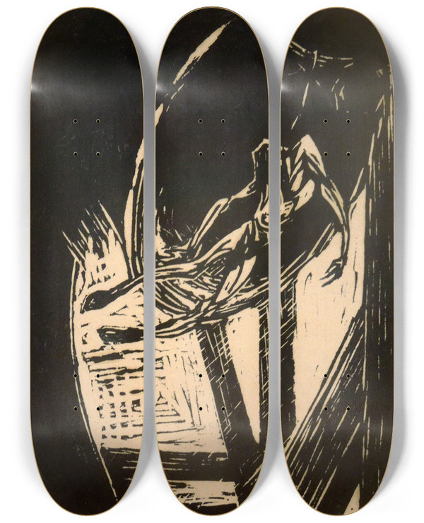 Triptych art skateboard deck of Jerzy Hulewicz Bell Hangman by Jerzy Hulewicz (1886-1941)