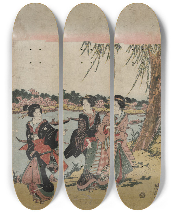 Triptych art skateboard deck of Keisai Eisen Mimeguri No Hanami by Keisai Eisen (1790-1848)