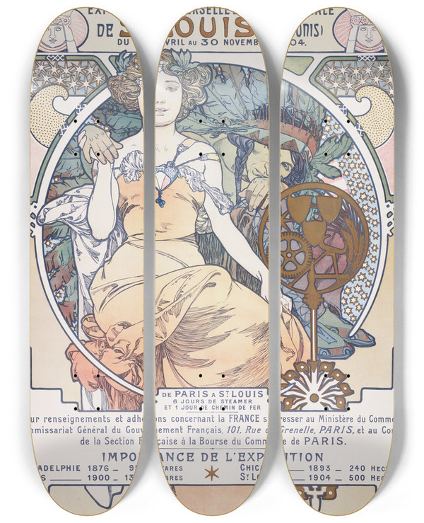 Triptych art skateboard deck of Alphonse Mucha Exposition Universelle Internationale De St Louis Etatsunis Du 30 Avril Au 30 Novembre 1904 by Alphonse Mucha (1860-1939)