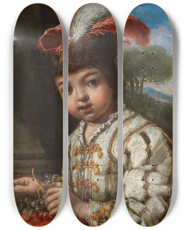 Triptych art skateboard deck of Antonio Mercurio Amorosi A Boy Halflength Holding Grapes A Landscape Beyond by Antonio Mercurio Amorosi (1660-1738)