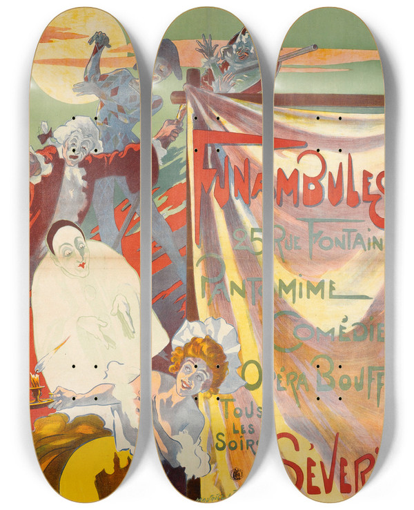 Triptych art skateboard deck of Maurice Louis Henri Neumont Funambules by Maurice Louis Henri Neumont (1868-1930)