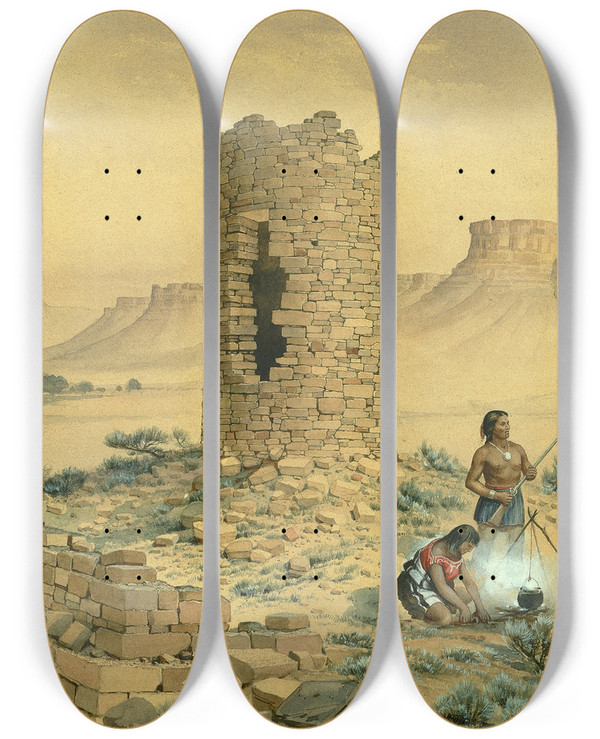 Triptych art skateboard deck of William Henry Holmes Ancient Stone Round Tower by William Henry Holmes (1846-1933)