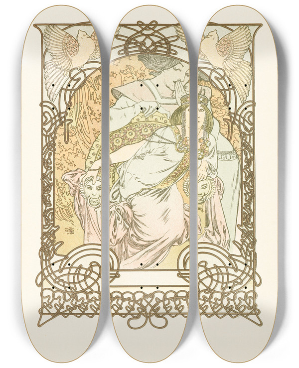Triptych art skateboard deck of Alphonse Mucha Ilse by Alphonse Mucha (1860-1939)