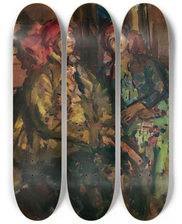 Triptych art skateboard deck of Konstantin Alexeevich Korovin Two Girls In Peasant Costumes by Konstantin Alexeevich Korovin (1861-1939)