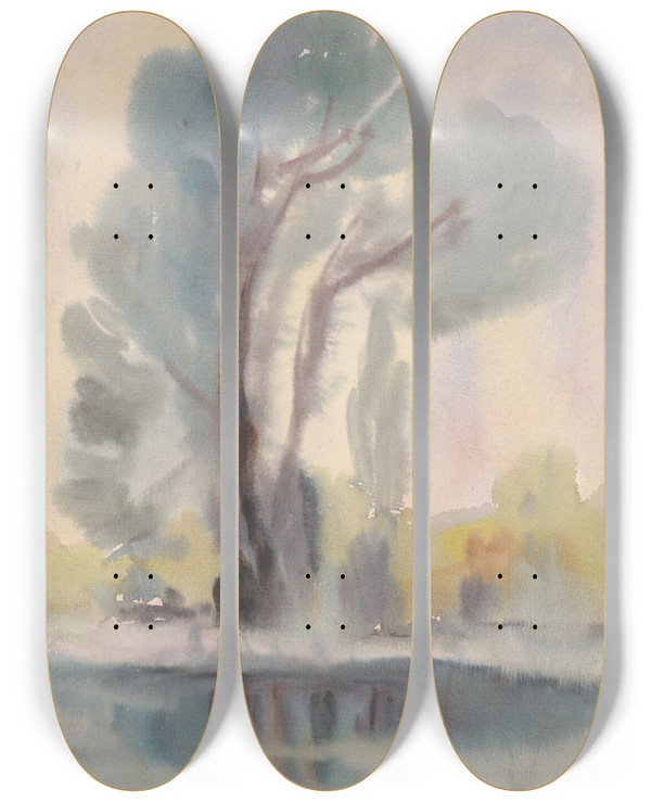 Triptych art skateboard deck of Zolo Palugyay River Cove by Zolo Palugyay (1898-1935)