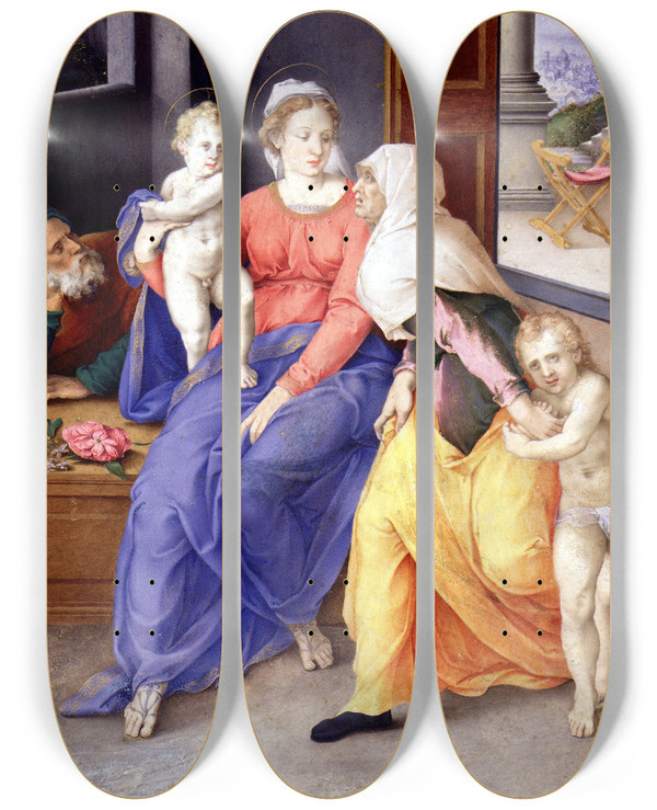 Triptych art skateboard deck of Giulio Clovio Holy Family With Santa Isabel And San Juanito by Giulio Clovio (1498-1578)