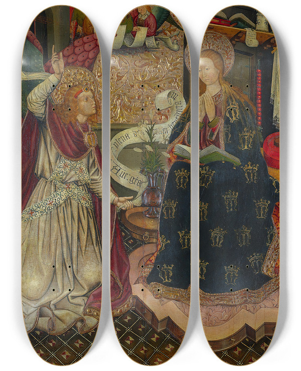 Triptych art skateboard deck of Jaume Ferrer The Annunciation by Jaume Ferrer (1430-1461)