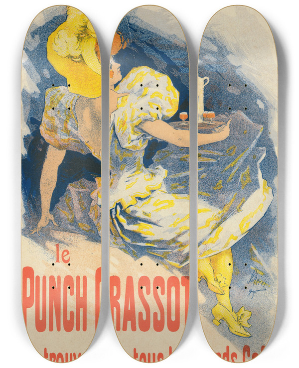 Triptych art skateboard deck of Jules Chret Punch Grassot by Jules Cheret (1836-1932)