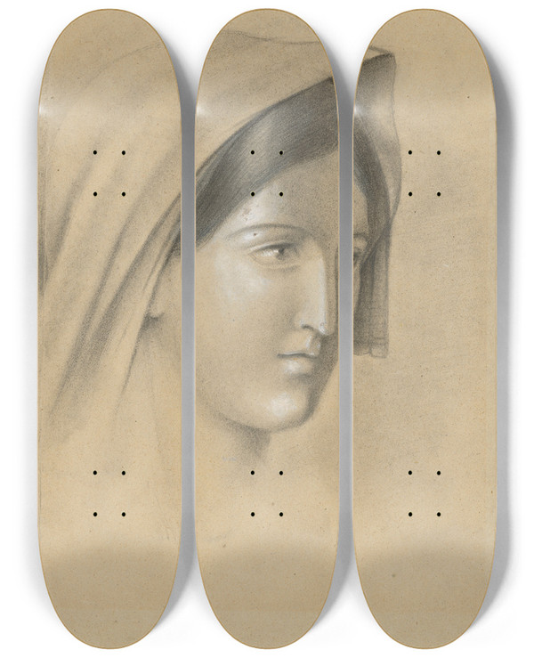 Triptych art skateboard deck of Ladislav Mednynszky Head Of A Woman In A Scarf by Ladislav Mednyanszky (1852-1919)