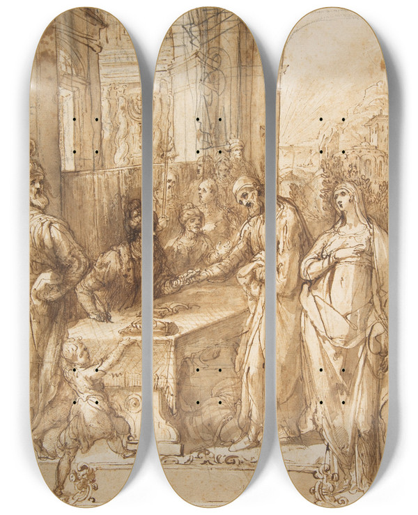 Triptych art skateboard deck of Giovanni De Vecchi Esther And Mordecai Before King Ahasuerus Esther 81 12 by Giovanni de' Vecchi (1536-1615)