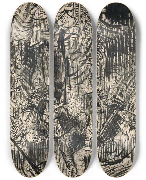 Triptych art skateboard deck of Arnold Peter Weiszkubnan Huntsmen With Hunted Fox by Arnold Peter Weisz-Kubnan (1898-1944)