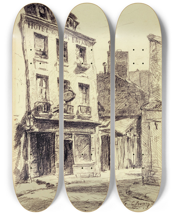 Triptych art skateboard deck of Camille Bourget La Rue Saintmdard by Camille Bourget (1861-1924)