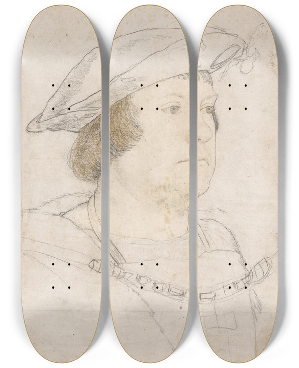 Triptych art skateboard deck of Hans Holbein The Younger Portrair Of An Unknown Englishman by Hans Holbein The Younger (1497-1543)