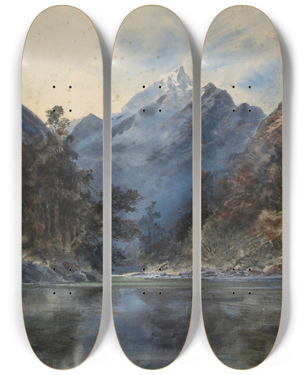 Triptych art skateboard deck of William Mathew Hodgkins On The Arthur River by William Mathew Hodgkins (1833-1898)