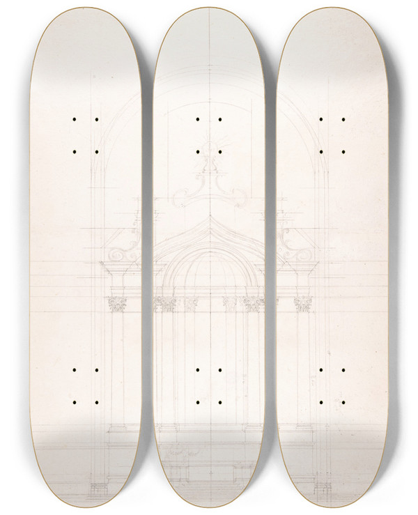 Triptych art skateboard deck of Luigi Vanvitelli Design For The High Altar Of The Ges Nuovo Naples by Luigi Vanvitelli (1700-1773)