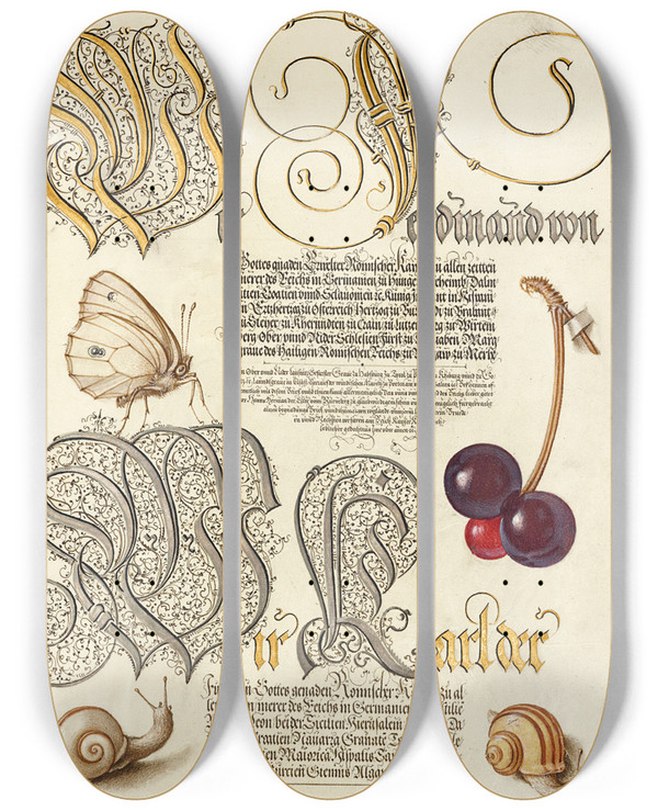 Triptych art skateboard deck of Joris Hoefnagel Butterfly Sweet Cherry And Land Snails by Joris Hoefnagel (1542-1600)
