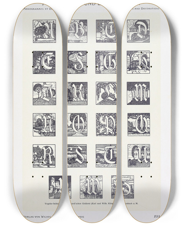 Triptych art skateboard deck of Wilhelm Diebener Monogrammes Und Dekorationen Pl135 by Wilhelm Diebener (1922)