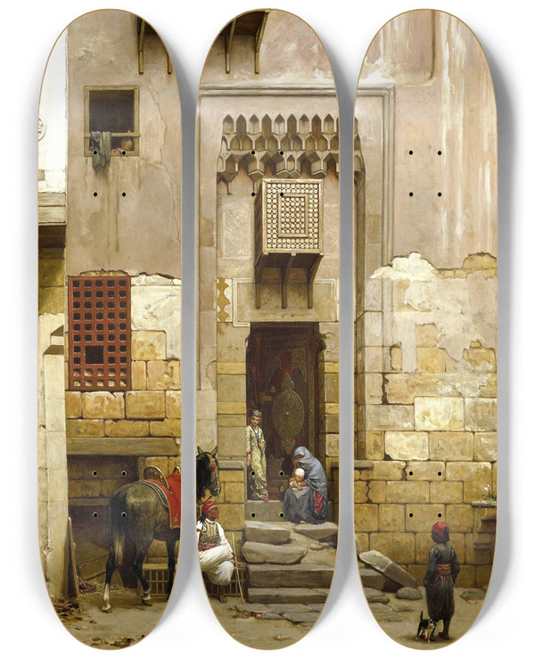 Triptych art skateboard deck of Willem De Famars Testas The Courtyard Of A House In Cairo by Willem De Famars Testas (1834-1896)