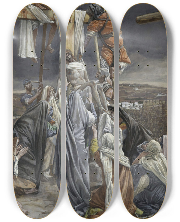 Triptych art skateboard deck of James Tissot The Descent From The Cross by James Tissot (1836-1902)