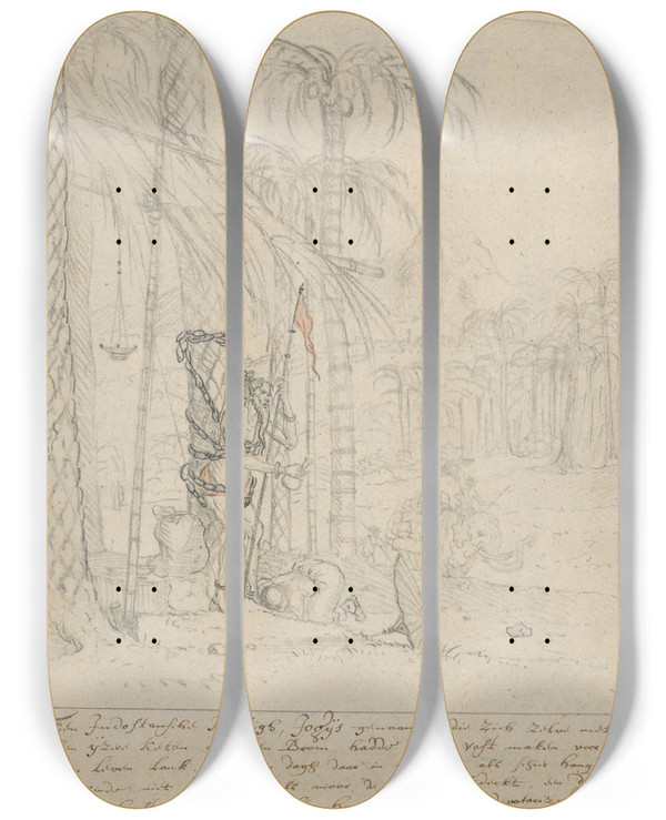 Triptych art skateboard deck of Willem Schellinks An Indian Yogi Tied To A Palm Tree by Willem Schellinks (1623-1678)