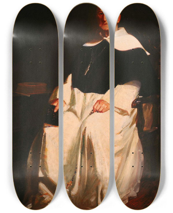 Triptych art skateboard deck of George Luks The Dominican by George Luks (1866-1933)