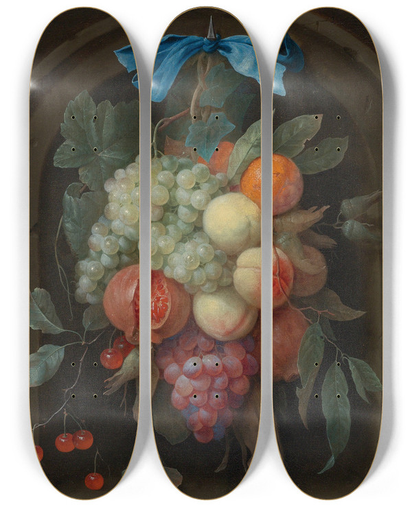 Triptych art skateboard deck of Joris Van Son Still Life Of Grapes Peaches A Pomegranate And Other Fruit Hanging From A Nail Before A Stone Niche by Joris Van Son (1623-1667)