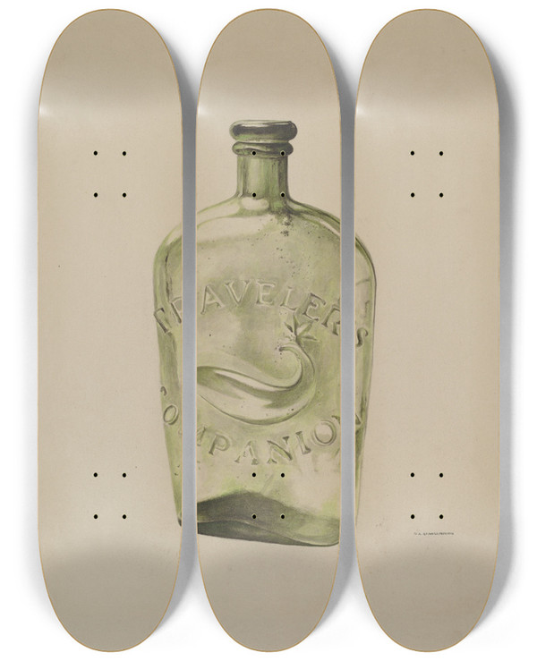 Triptych art skateboard deck of Ga Spangenberg Glass Whiskey Flask by G.A. Spangenberg